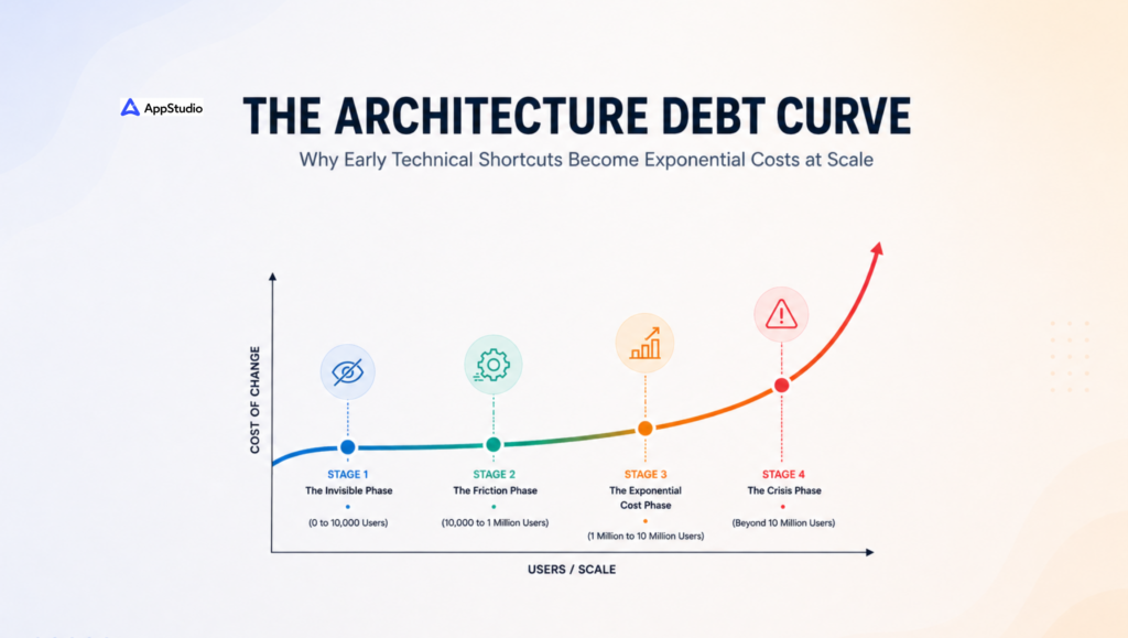 Architecture debt curve with exponential cost of technical shortcuts at scale.