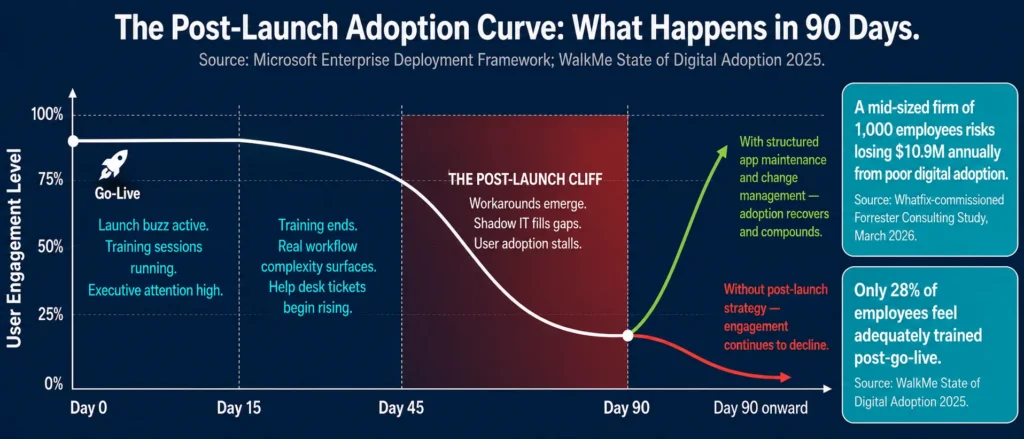Post-launch digital adoption curve showing user engagement drop between Day 45 and Day 90 after enterprise software go-live, with recovery path through structured app maintenance and change management