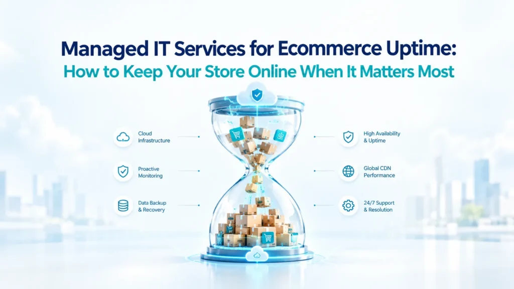 Hourglass of ecommerce orders surrounded by managed IT services for uptime: cloud infrastructure, proactive monitoring, data backup, high availability, global CDN and 24/7 support