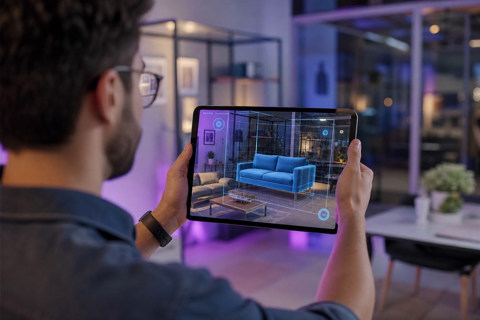 Augmented reality app developer previewing a 3D AR product experience on a tablet at AppStudio