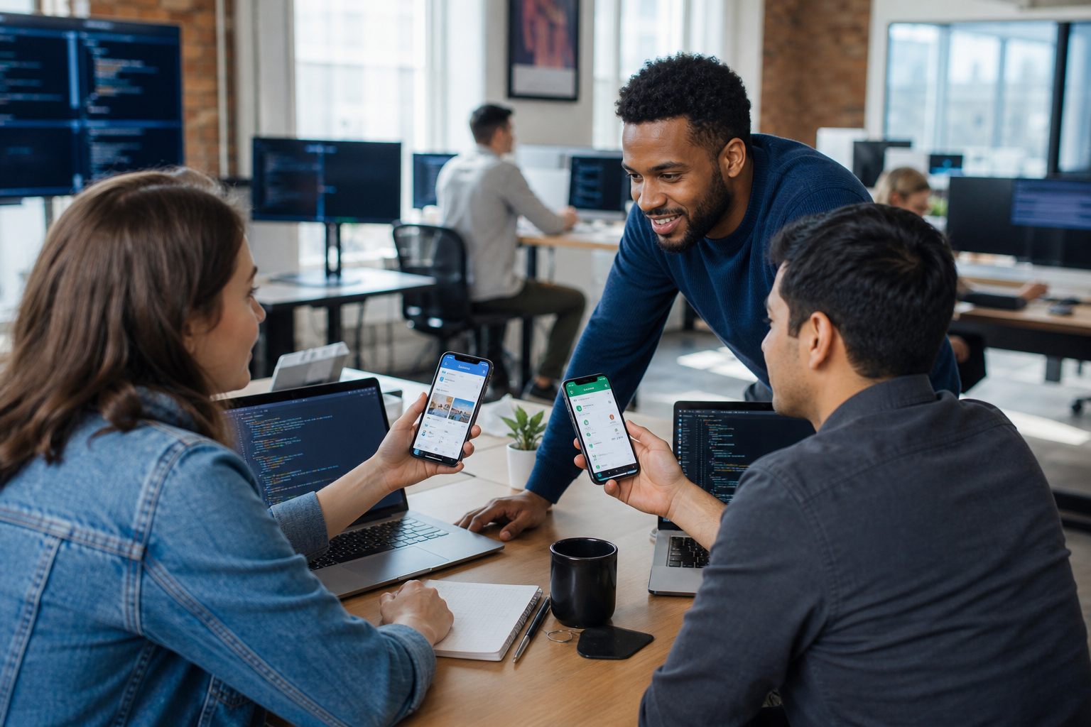 Mobile app development company in the USA team reviewing iOS and Android apps